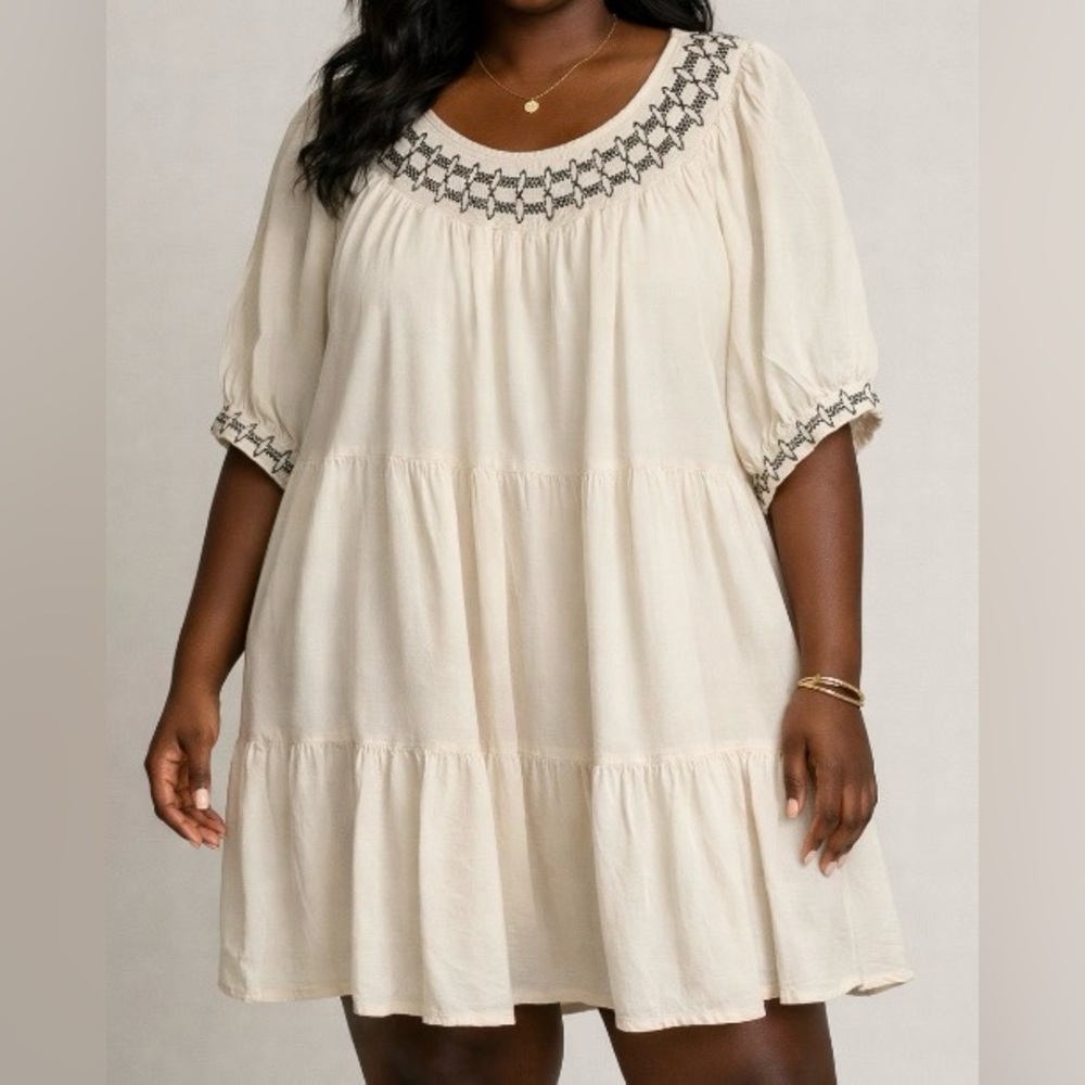 OLD NAVY Off White and Black Embroidered Boho Cotton Blend Tiered Dress Size XL